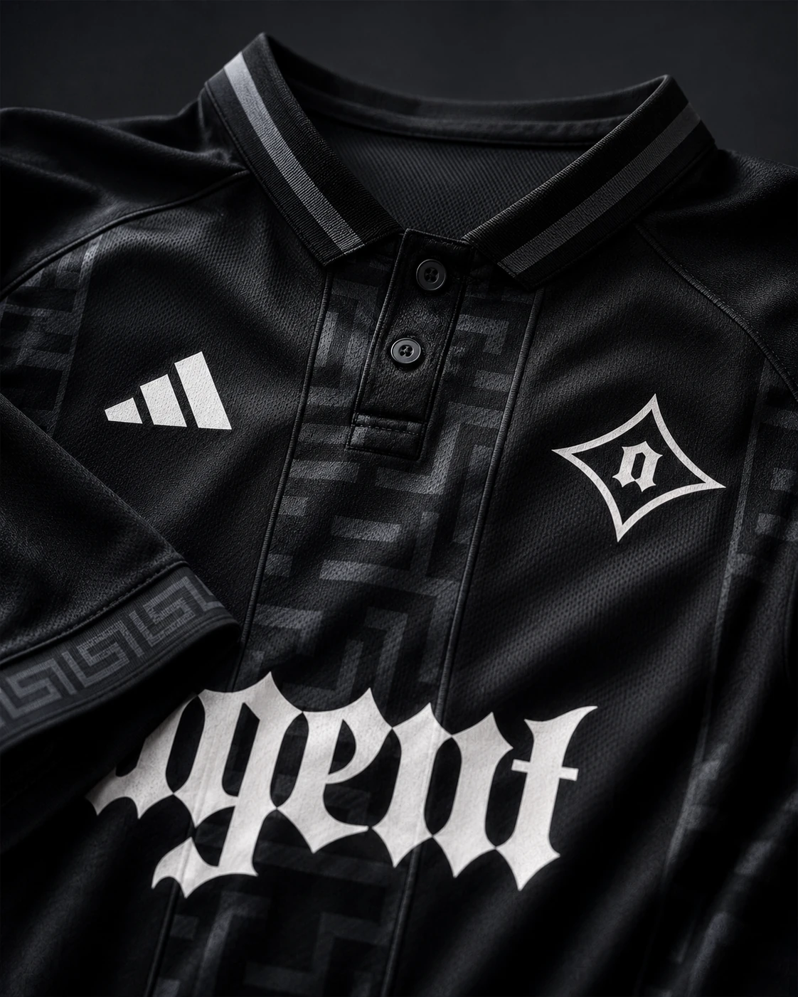 Blackout Agent jersey detail with charcoal trim, tonal seams, and tonal geometric cuff construction