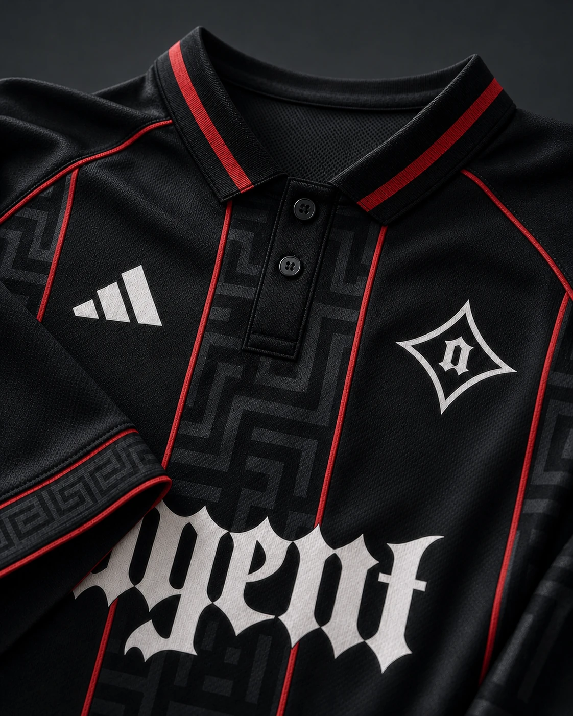Redline Agent jersey detail with a clean black button placket, four red seams, and tonal cuff print