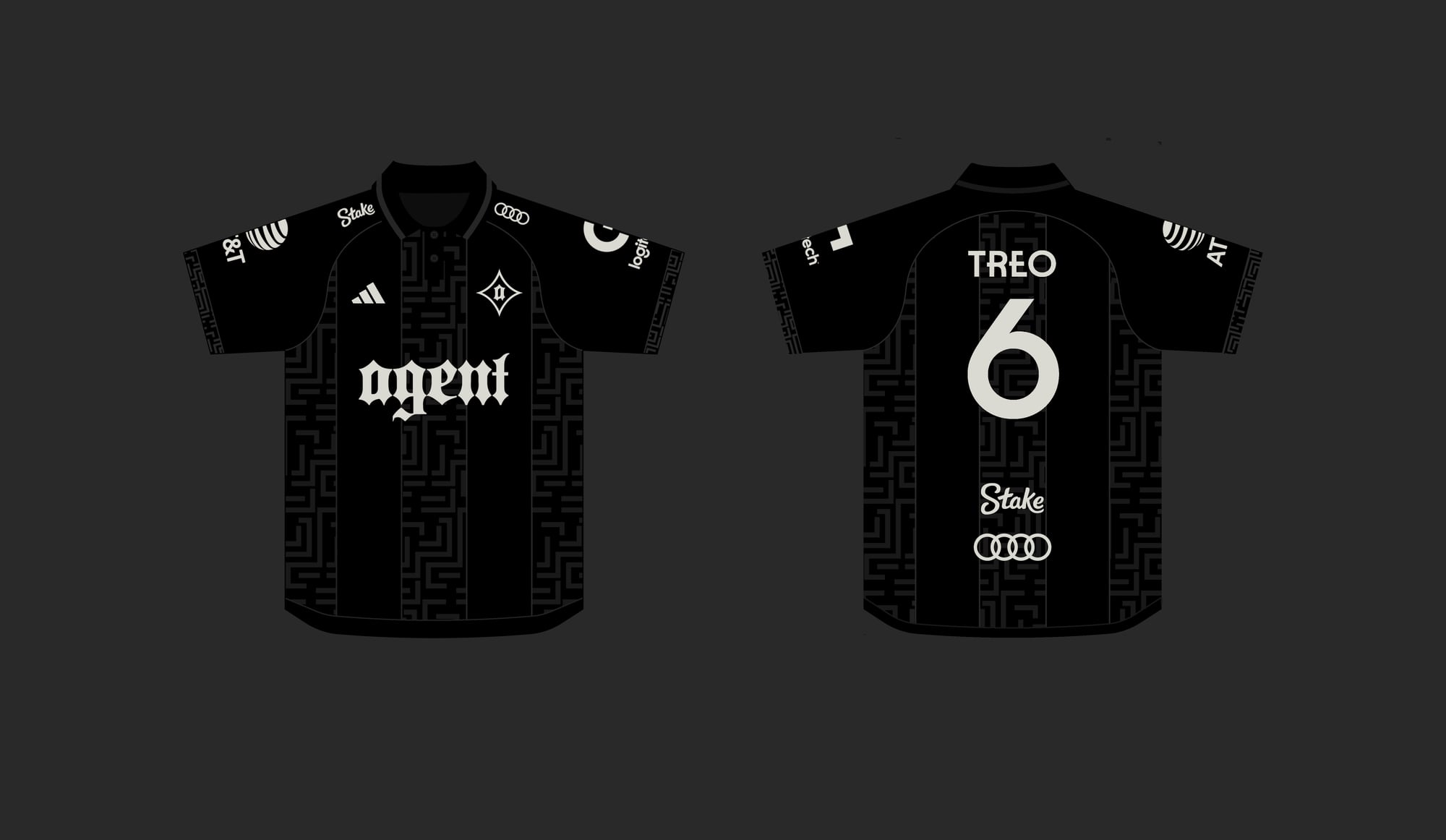 Agent Blackout kit, front and back, geometric pattern panel with ivory wordmark