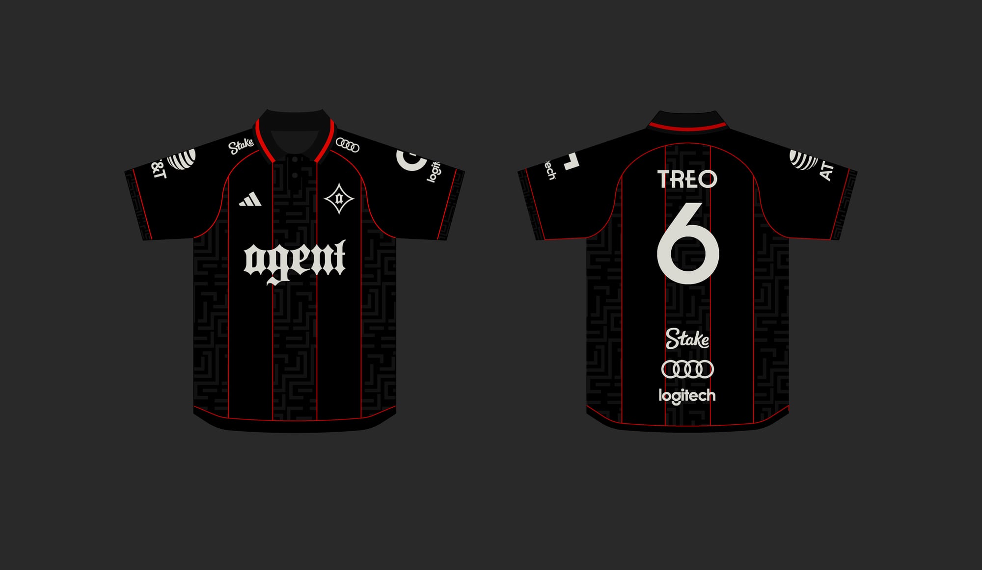 Agent Red kit, front and back, geometric pattern with red piping