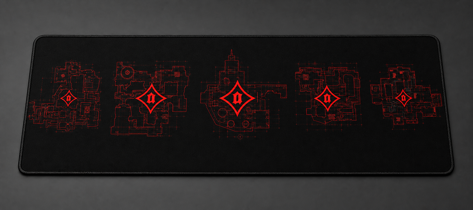 Black extended mousepad with five red Counter-Strike map blueprints and five red Agent emblems