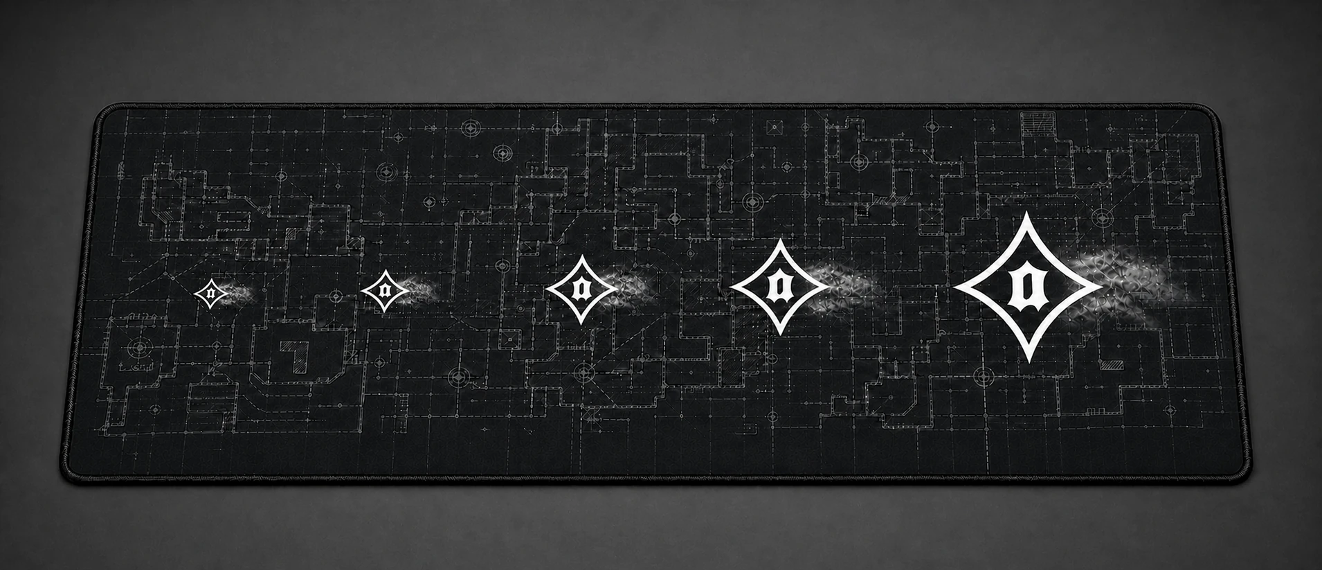 Black extended mousepad with five flat-printed Agent emblems increasing in size across a rifle trail