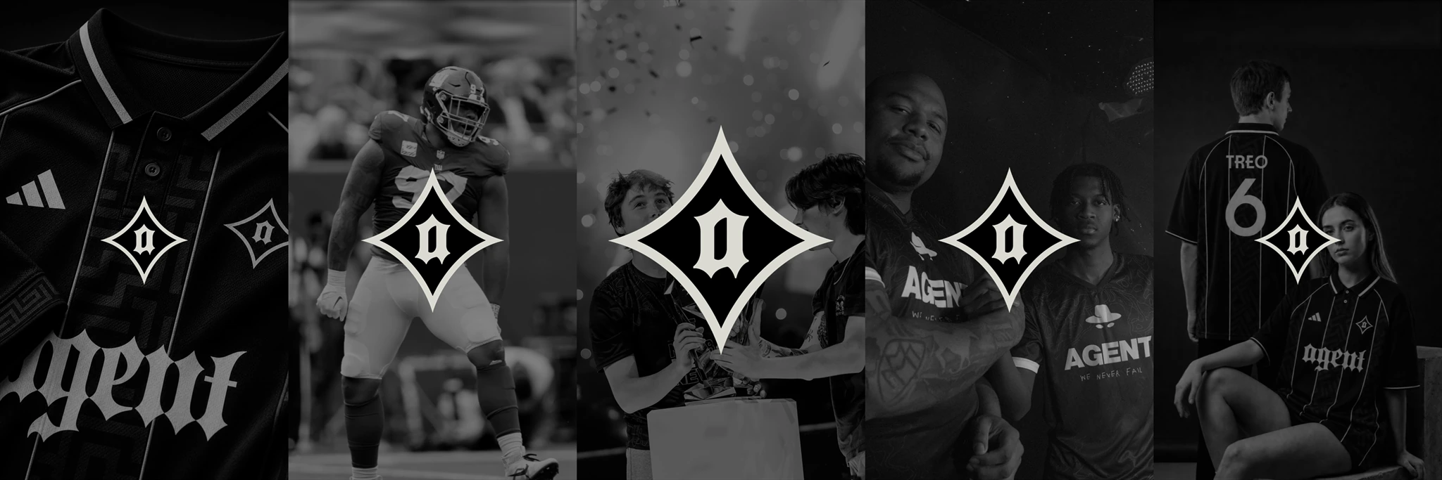 Agent parent brand X header with five monochrome campaign panels and ivory Agent emblems